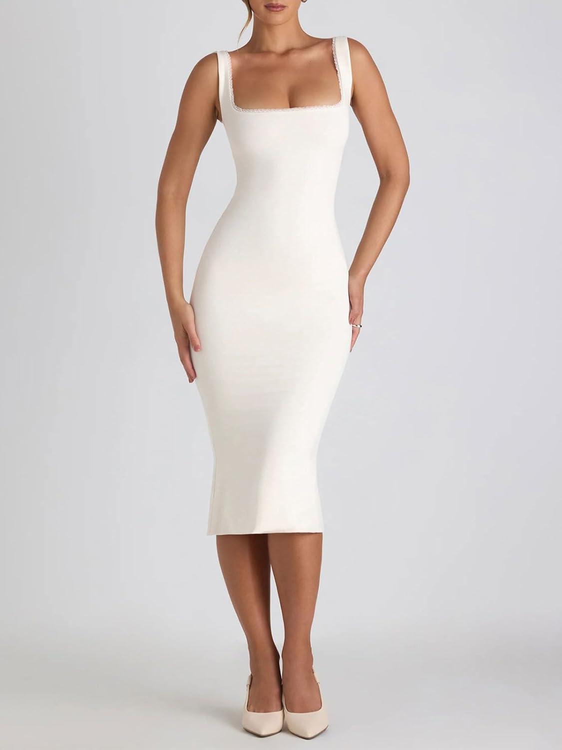 imageCHARTOU Womens Sexy Tight Sleeveless Bodycon Tank Midi Dress Stretch Plain Lace Trim Square Neck Party DressWhite