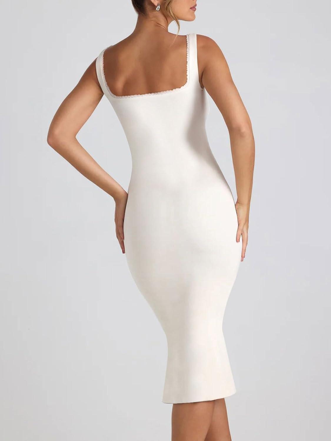 imageCHARTOU Womens Sexy Tight Sleeveless Bodycon Tank Midi Dress Stretch Plain Lace Trim Square Neck Party DressWhite