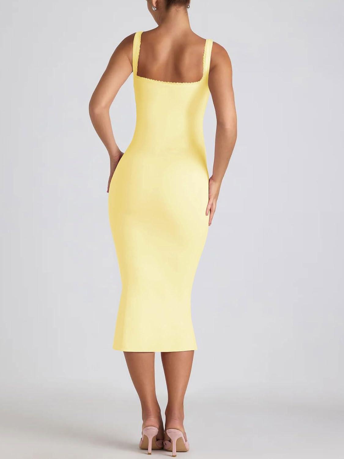 imageCHARTOU Womens Sexy Tight Sleeveless Bodycon Tank Midi Dress Stretch Plain Lace Trim Square Neck Party DressYellow