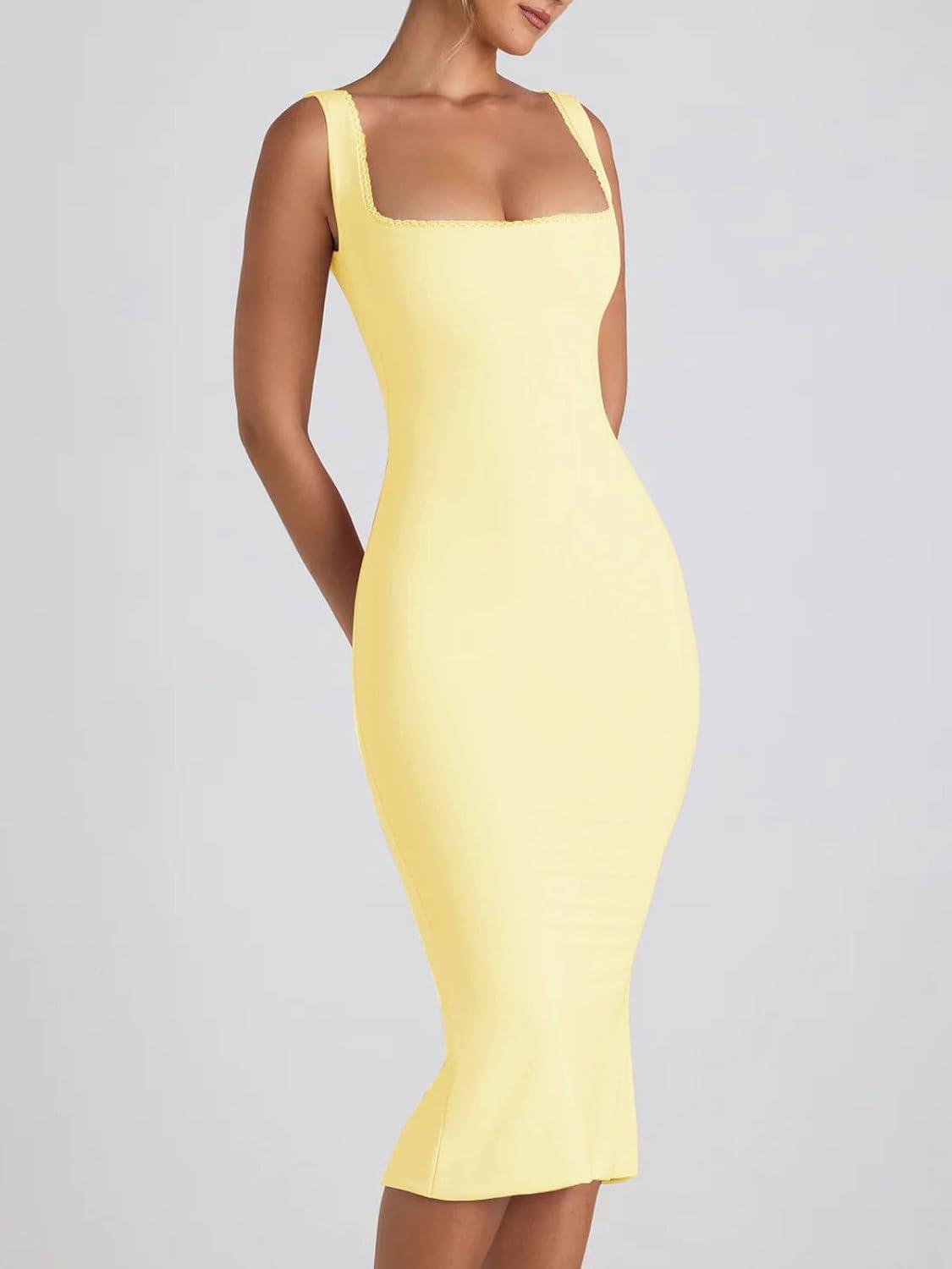imageCHARTOU Womens Sexy Tight Sleeveless Bodycon Tank Midi Dress Stretch Plain Lace Trim Square Neck Party DressYellow