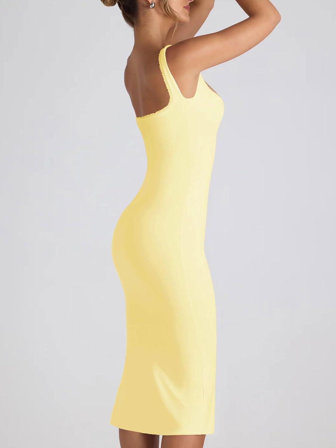 imageCHARTOU Womens Sexy Tight Sleeveless Bodycon Tank Midi Dress Stretch Plain Lace Trim Square Neck Party DressYellow