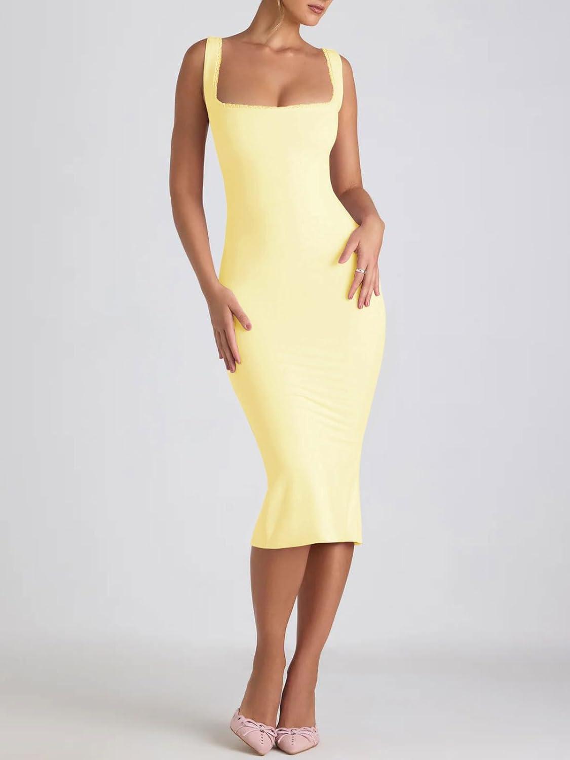 imageCHARTOU Womens Sexy Tight Sleeveless Bodycon Tank Midi Dress Stretch Plain Lace Trim Square Neck Party DressYellow