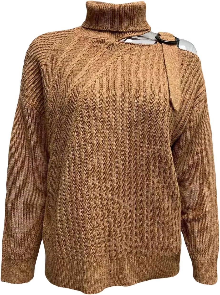 imageCHARTOU Womens Trendy Cold Shoulder Long Sleeves Turtleneck Knit Sweater KnitwearKhaki