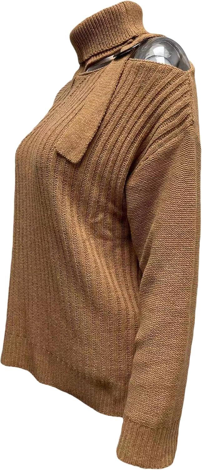 imageCHARTOU Womens Trendy Cold Shoulder Long Sleeves Turtleneck Knit Sweater KnitwearKhaki
