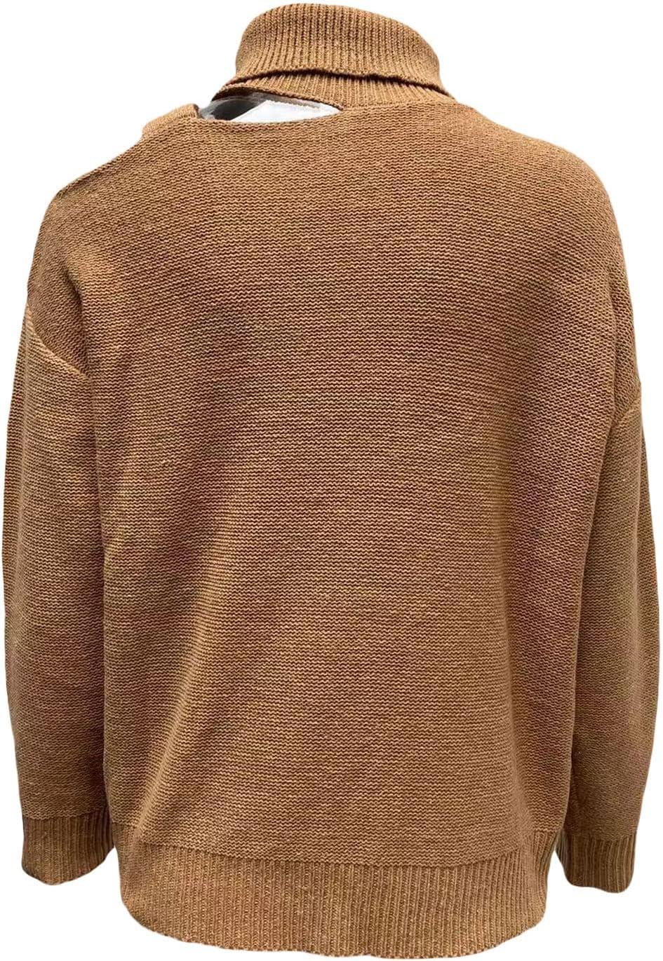 imageCHARTOU Womens Trendy Cold Shoulder Long Sleeves Turtleneck Knit Sweater KnitwearKhaki