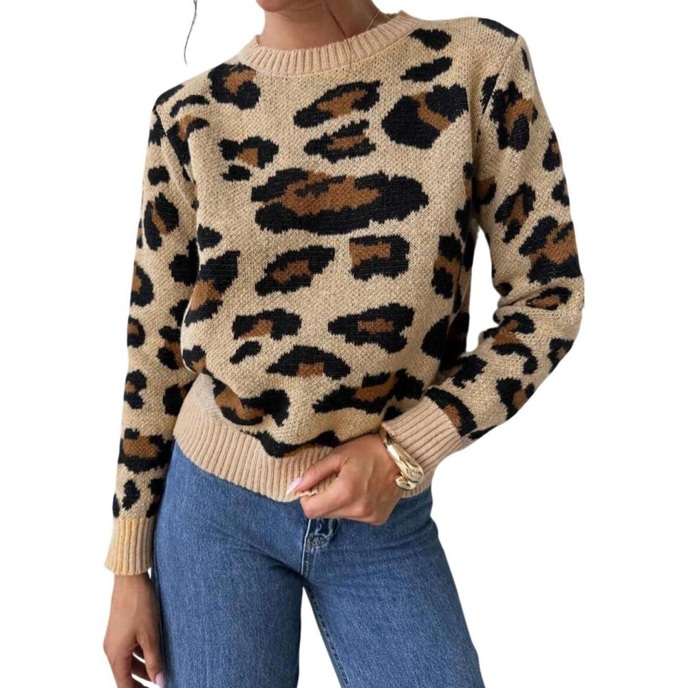 imageCHARTOU Leopard Sweaters for Women Casual Crew Neck Cheetah Pullover Sweater TopsKhaki