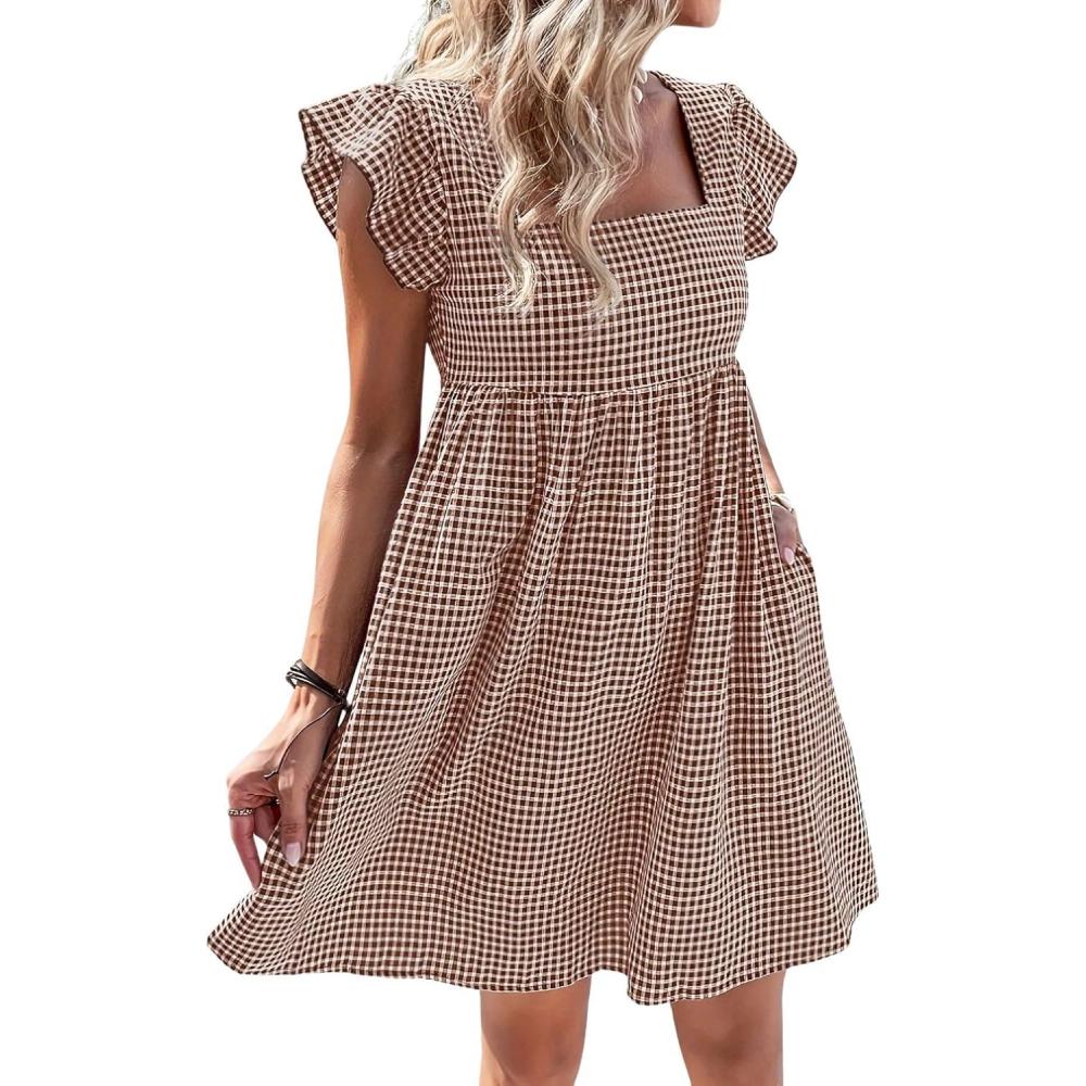 imageCHARTOU Women Babydoll Mini Dress Ruffle Cap Sleeve Flowy Plaid Short Dress with PocketsCoffee