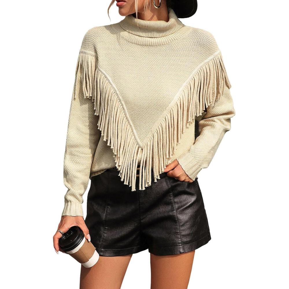 imageCHARTOU Women Boho Tassel Cable Knit Sweater Turtleneck Fringe Western Knitted Sweater Pullover Jumper TopApricot