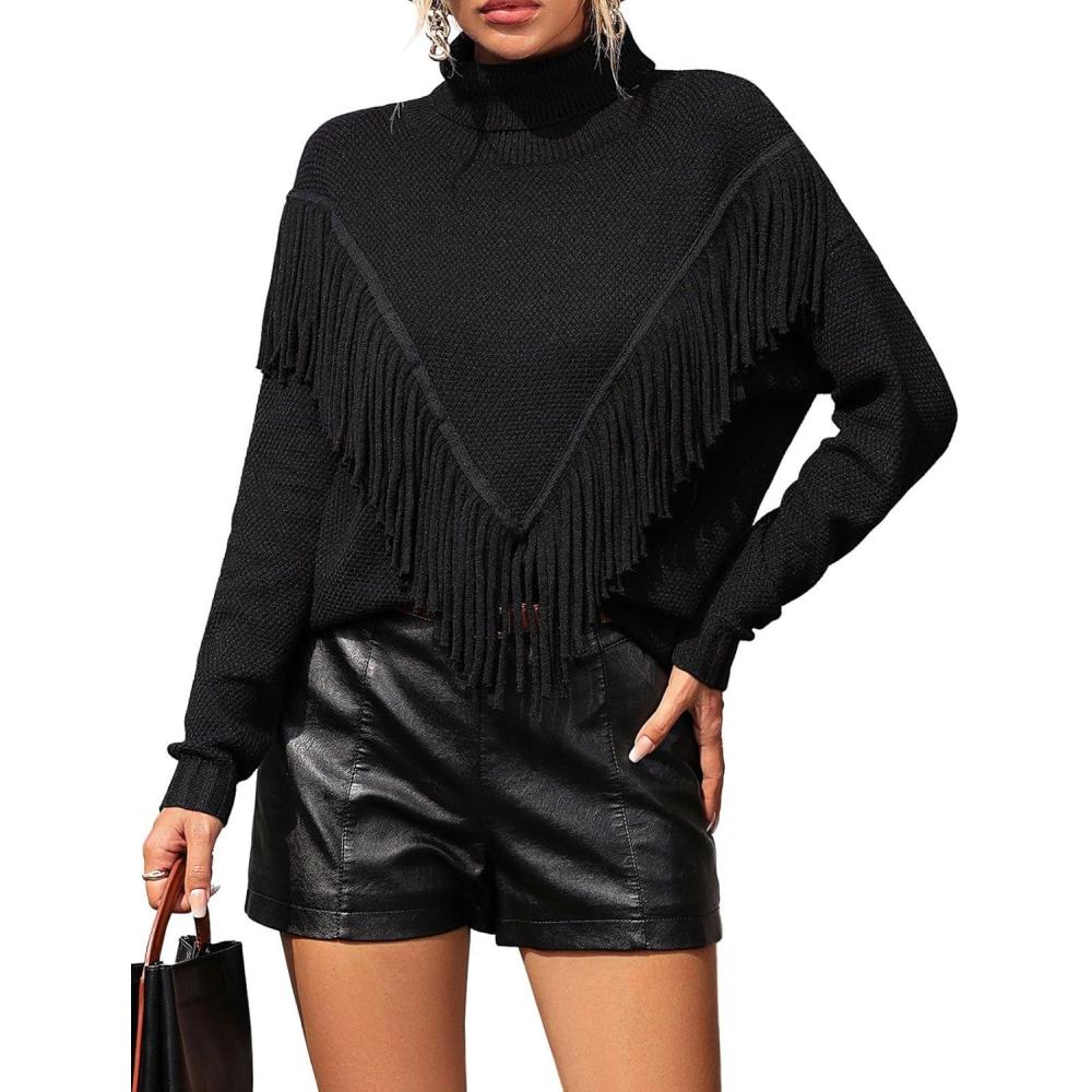 imageCHARTOU Women Boho Tassel Cable Knit Sweater Turtleneck Fringe Western Knitted Sweater Pullover Jumper TopBlack