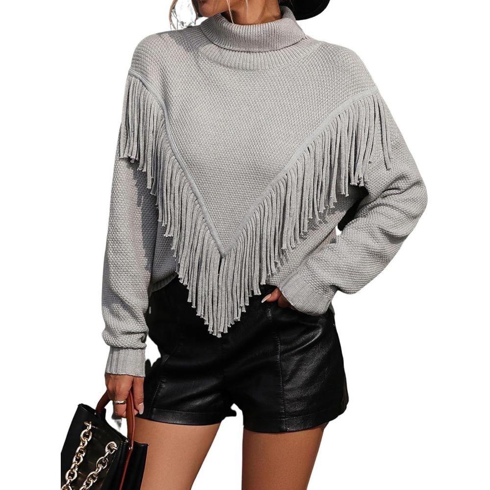 imageCHARTOU Women Boho Tassel Cable Knit Sweater Turtleneck Fringe Western Knitted Sweater Pullover Jumper TopGrey