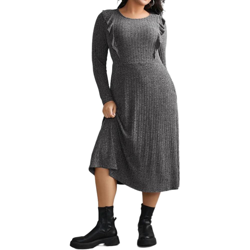 imageCHARTOU Women Fall Dress Long Sleeve Flowy Ruffle Trim Rib Knit Sweater Dress with PocketsGrey