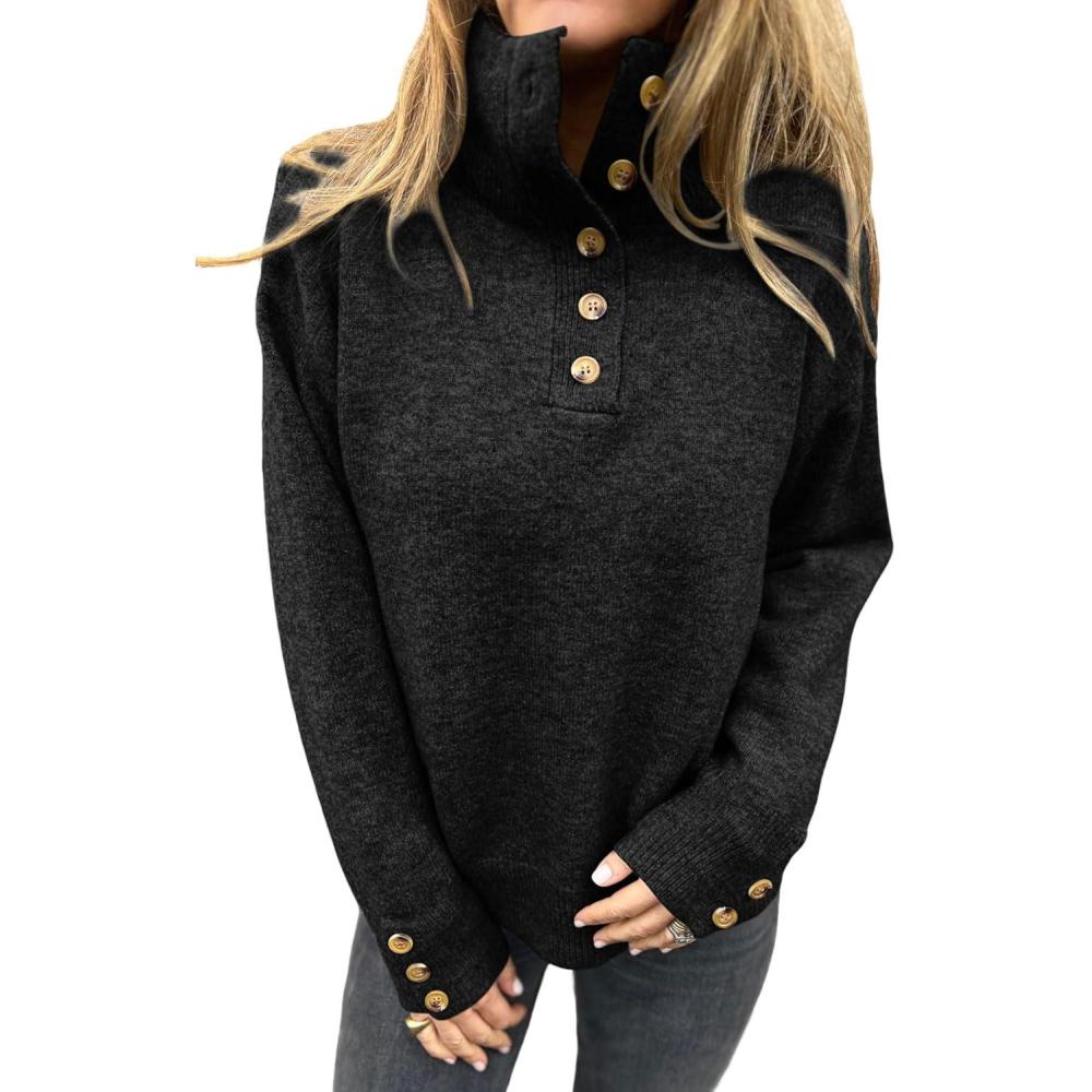 imageCHARTOU Women Fall Polo Collared Sweater Quarter Button Loose Golf Pullover Sweater Jumper TopsBlack