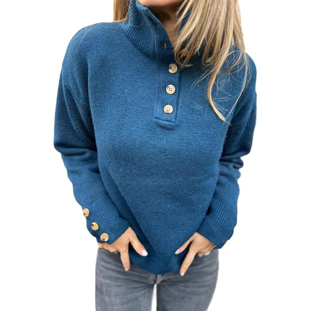 imageCHARTOU Women Fall Polo Collared Sweater Quarter Button Loose Golf Pullover Sweater Jumper TopsBlue