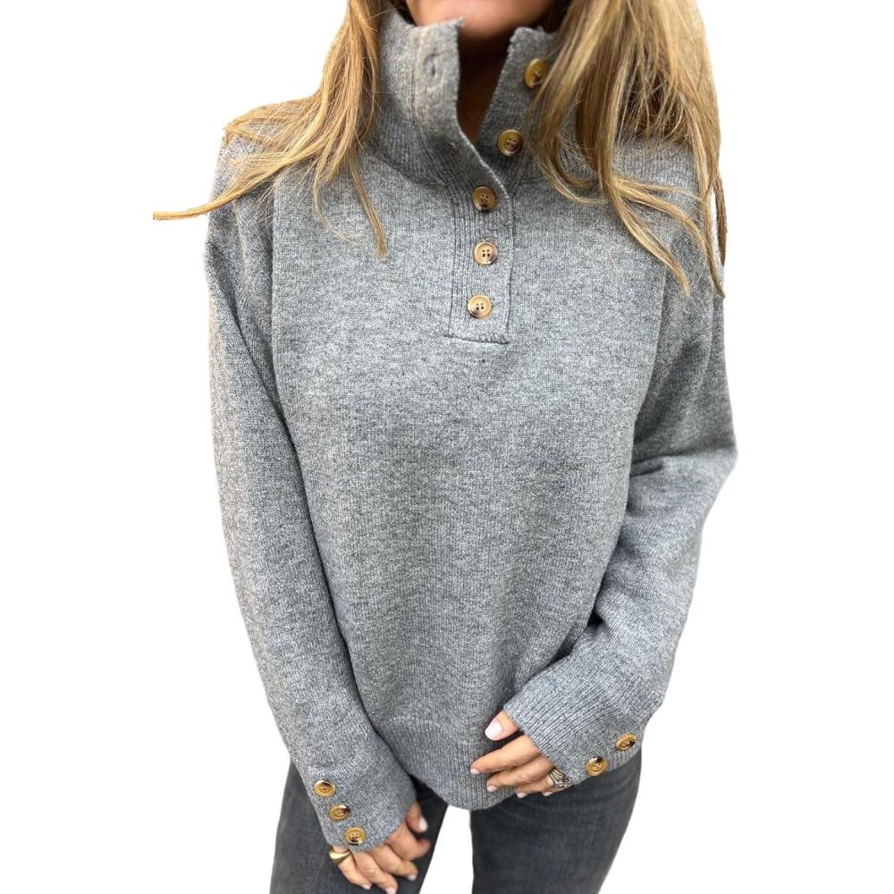 imageCHARTOU Women Fall Polo Collared Sweater Quarter Button Loose Golf Pullover Sweater Jumper TopsGrey