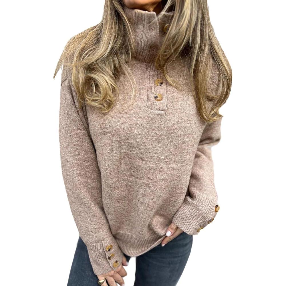 imageCHARTOU Women Fall Polo Collared Sweater Quarter Button Loose Golf Pullover Sweater Jumper TopsKhaki