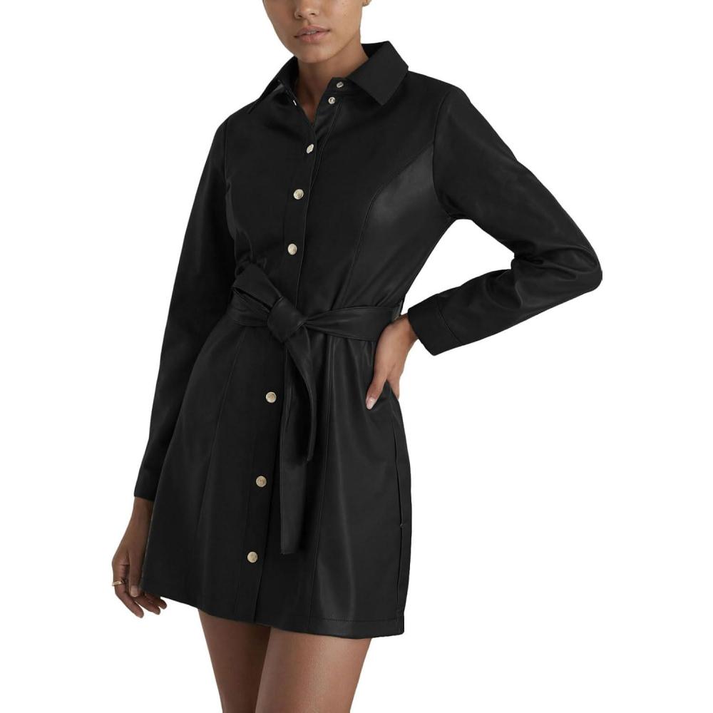 imageCHARTOU Women Faux Leather Mini Dress Long Sleeve Snap Button PU Leather Party Dress with BeltBlack