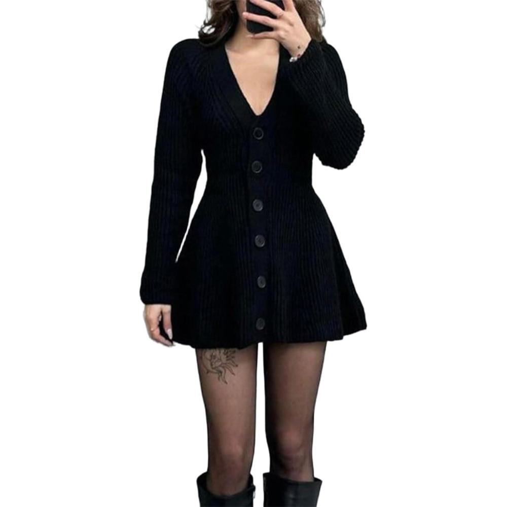 imageCHARTOU Women Long Sleeve Fall Dresses Button Down Cinched Wasited Stretch Knit Sweater DressBlack