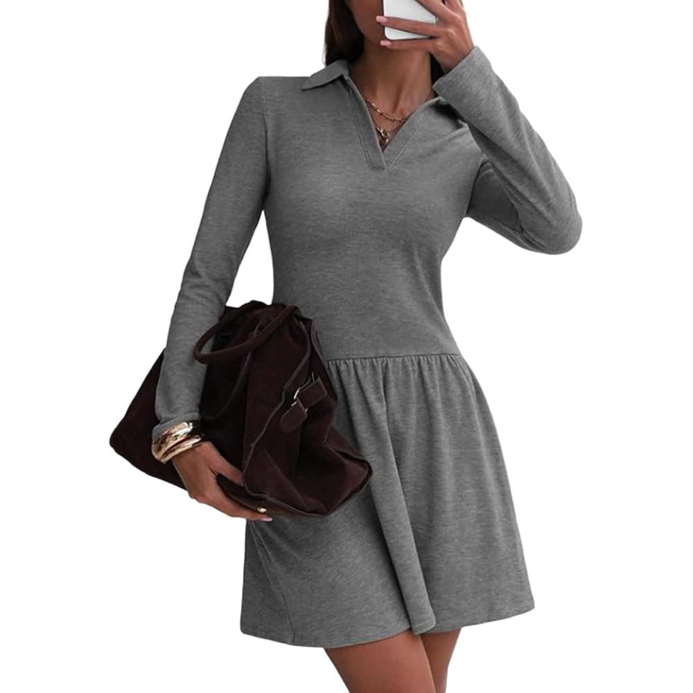 imageCHARTOU Women Long Sleeve Fall Mini Dress Casual A Line Fleece Lined Lapel Tennis DressesGrey
