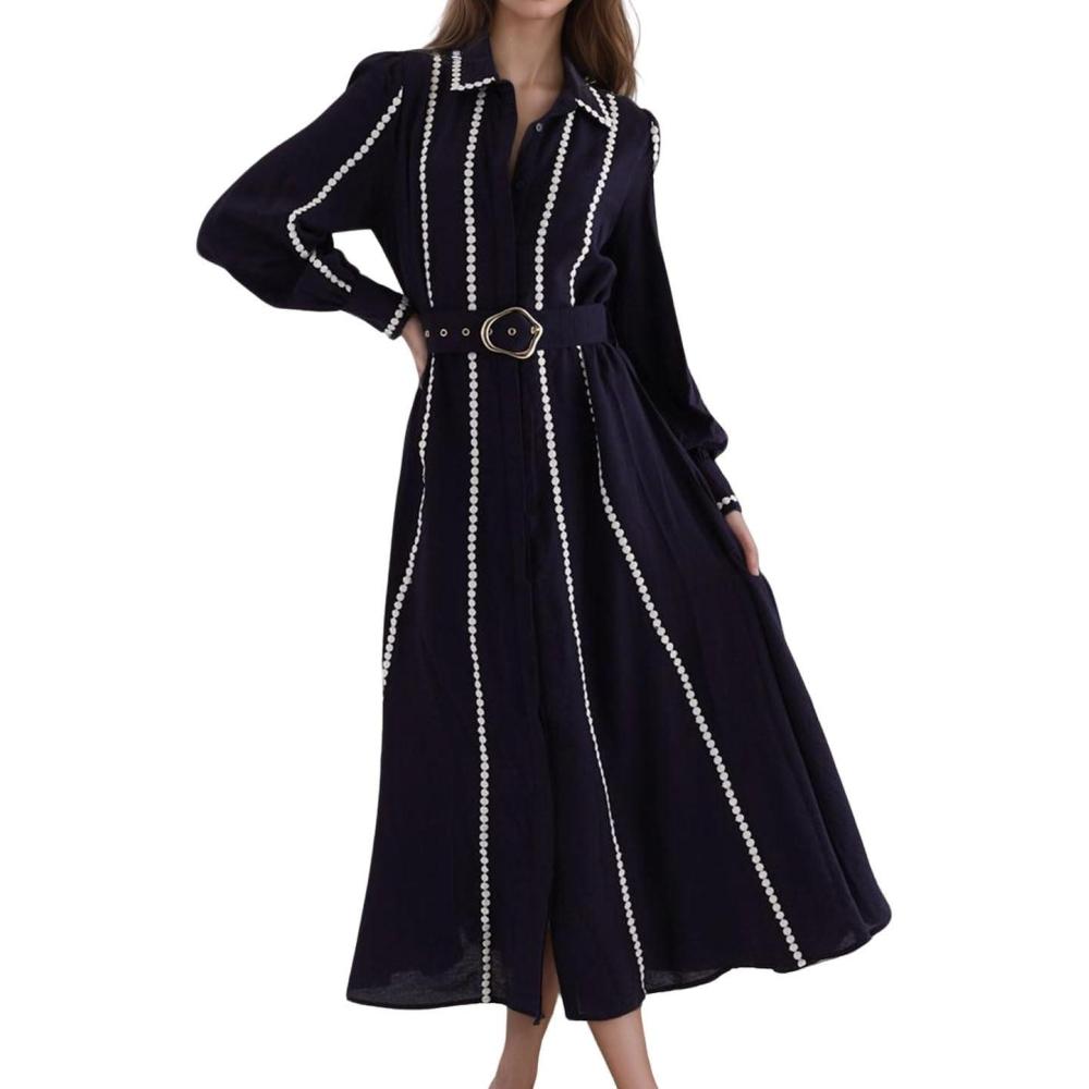 imageCHARTOU Women Long Sleeve Flowy Dresses Contrast Trim Patchwork Button Down Shirt Long Dress with BeltBlack