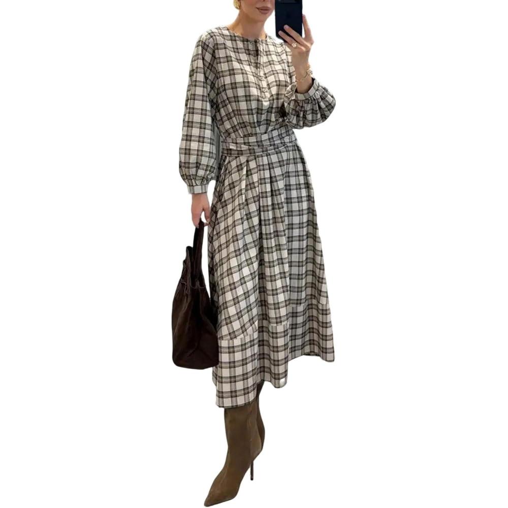 imageCHARTOU Women Long Sleeve Plaid Dress Front Half Button Flowy Gingham Long Casual Shirt Dresses with BeltGrey