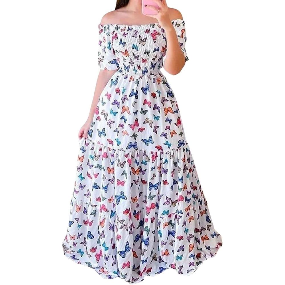 imageCHARTOU Women Off Shoulder Maxi Dress Pleated Smocked Floral Summer Dress Boho Beach Long Flowy Dress PrintButterfly a