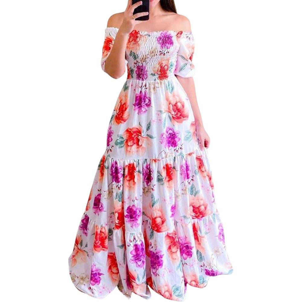 imageCHARTOU Women Off Shoulder Maxi Dress Pleated Smocked Floral Summer Dress Boho Beach Long Flowy Dress PrintFlower B