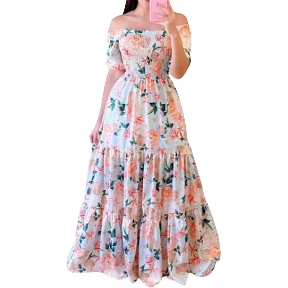 imageCHARTOU Women Off Shoulder Maxi Dress Pleated Smocked Floral Summer Dress Boho Beach Long Flowy Dress PrintFlower D