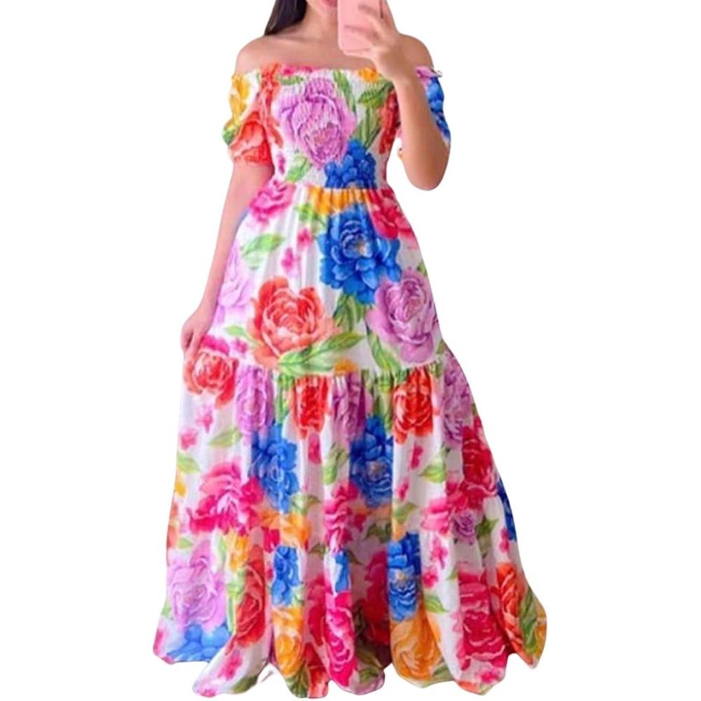 imageCHARTOU Women Off Shoulder Maxi Dress Pleated Smocked Floral Summer Dress Boho Beach Long Flowy Dress PrintFlower a