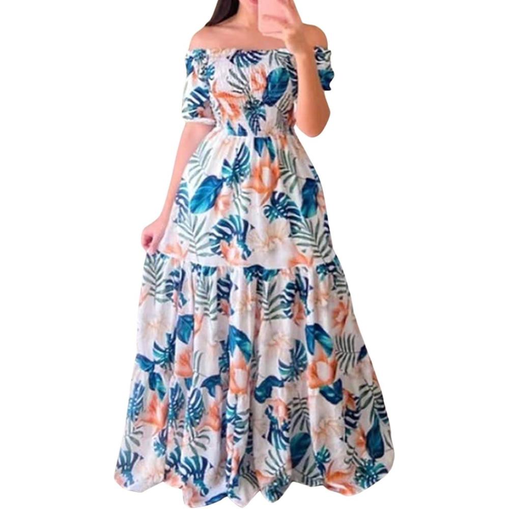 imageCHARTOU Women Off Shoulder Maxi Dress Pleated Smocked Floral Summer Dress Boho Beach Long Flowy Dress PrintLeaf
