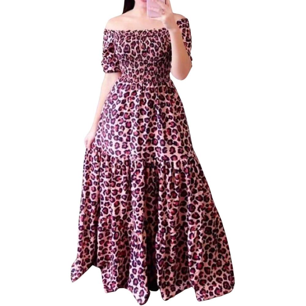 imageCHARTOU Women Off Shoulder Maxi Dress Pleated Smocked Floral Summer Dress Boho Beach Long Flowy Dress PrintLeopard