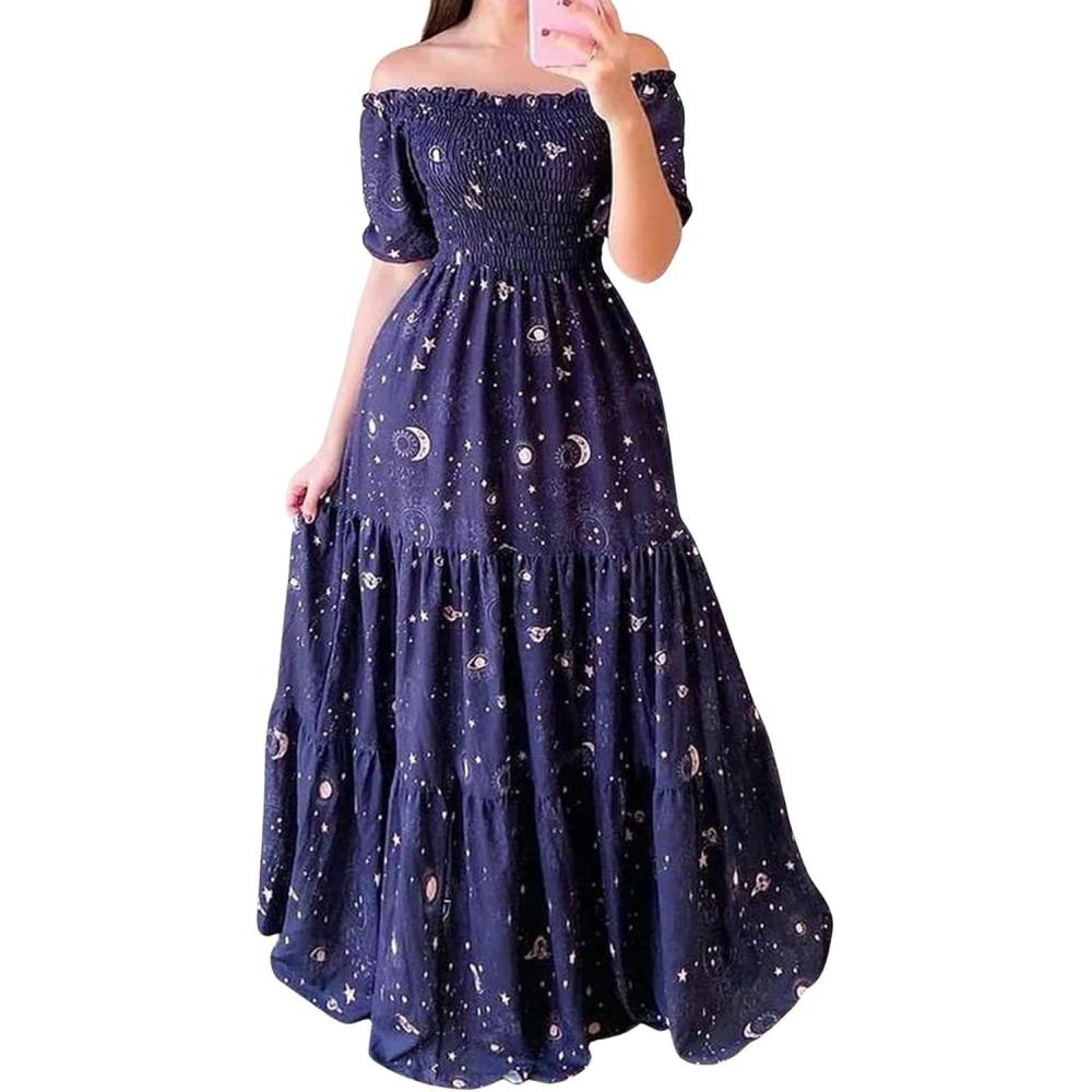 imageCHARTOU Women Off Shoulder Maxi Dress Pleated Smocked Floral Summer Dress Boho Beach Long Flowy Dress PrintStarry