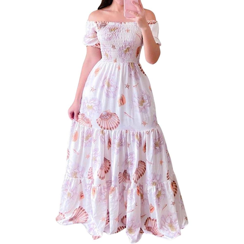 imageCHARTOU Women Off Shoulder Maxi Dress Pleated Smocked Floral Summer Dress Boho Beach Long Flowy Dress PrintWhite