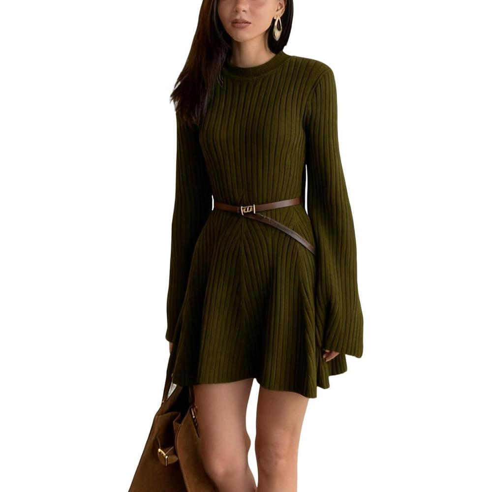 imageCHARTOU Women Rib Knitted Sweater Dress Fall Crewneck Flared Long Sleeve Ruffle Peplum Mini Dress with BeltGreen