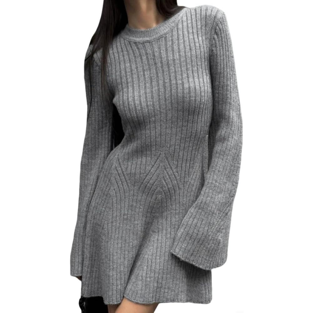 imageCHARTOU Women Rib Knitted Sweater Dress Fall Crewneck Flared Long Sleeve Ruffle Peplum Mini Dress with BeltGrey