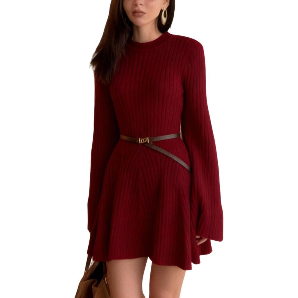 imageCHARTOU Women Rib Knitted Sweater Dress Fall Crewneck Flared Long Sleeve Ruffle Peplum Mini Dress with BeltWine Red