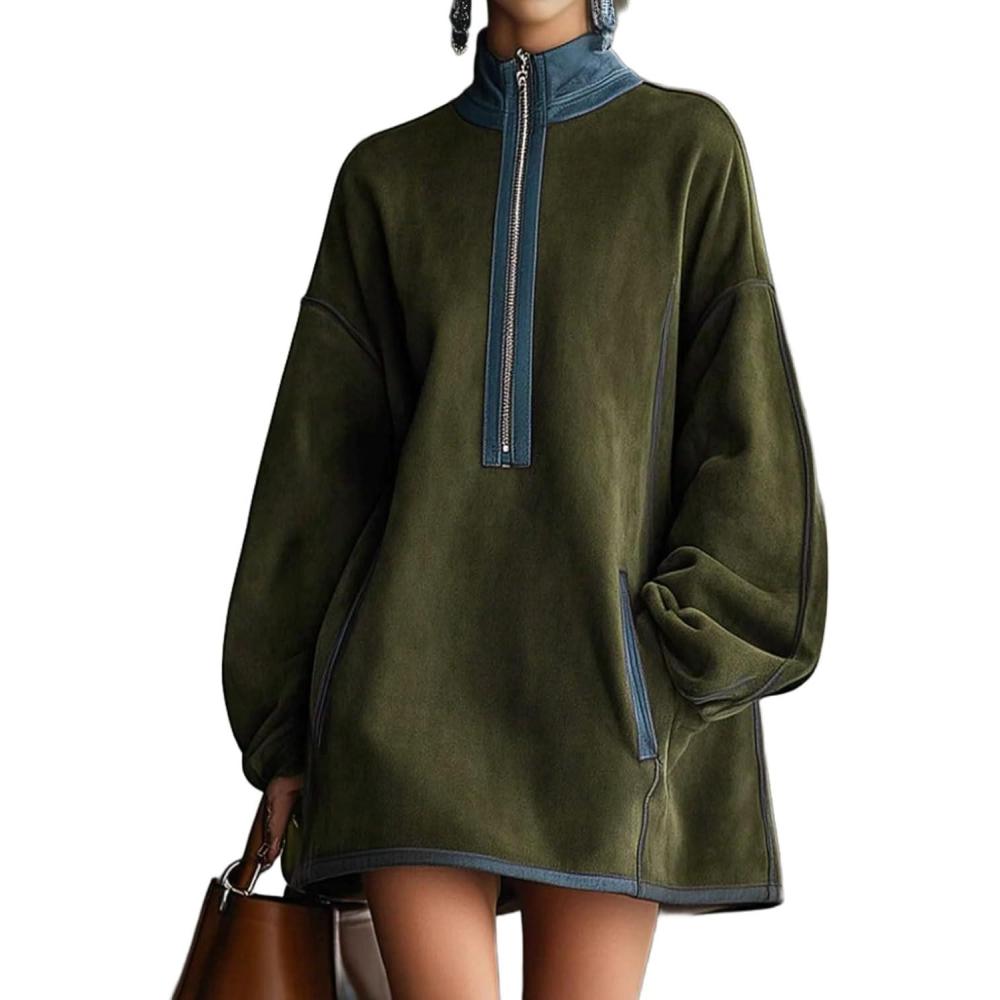 imageCHARTOU Women Suede Mini Dress Lantern Long Sleeve Half Zip Babydoll Tunic Loose Short Faux Leather DressGreen