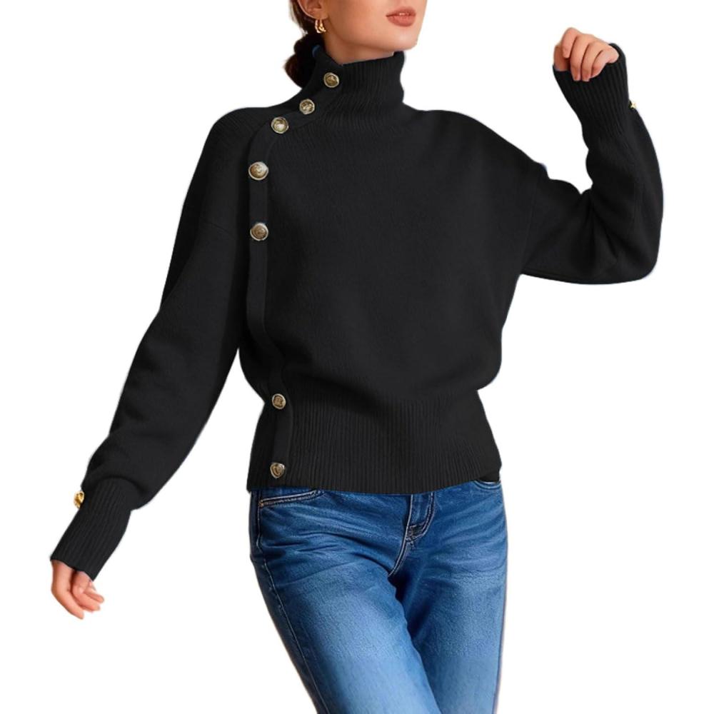imageCHARTOU Women Turtleneck Sweater Fall Fashion Batwing Sleeve Jumper Elegant Short Knitted Pullover TopsBlack