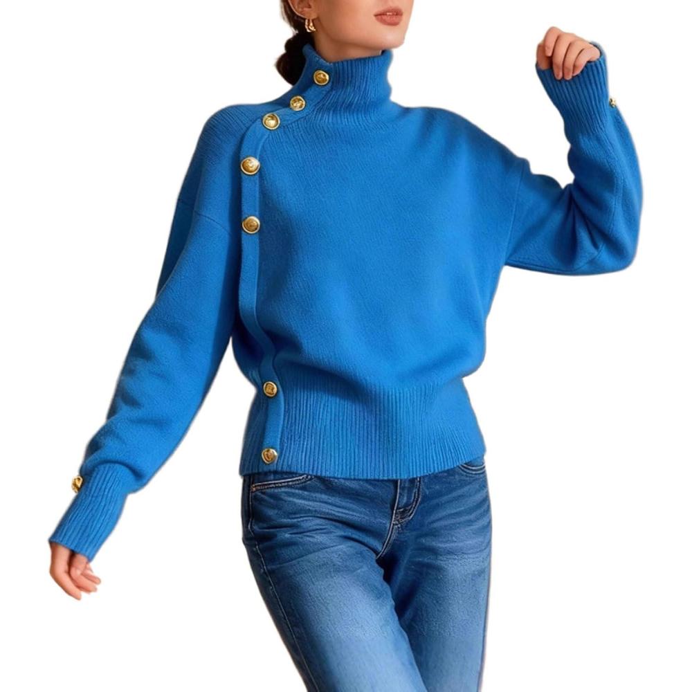 imageCHARTOU Women Turtleneck Sweater Fall Fashion Batwing Sleeve Jumper Elegant Short Knitted Pullover TopsBlue