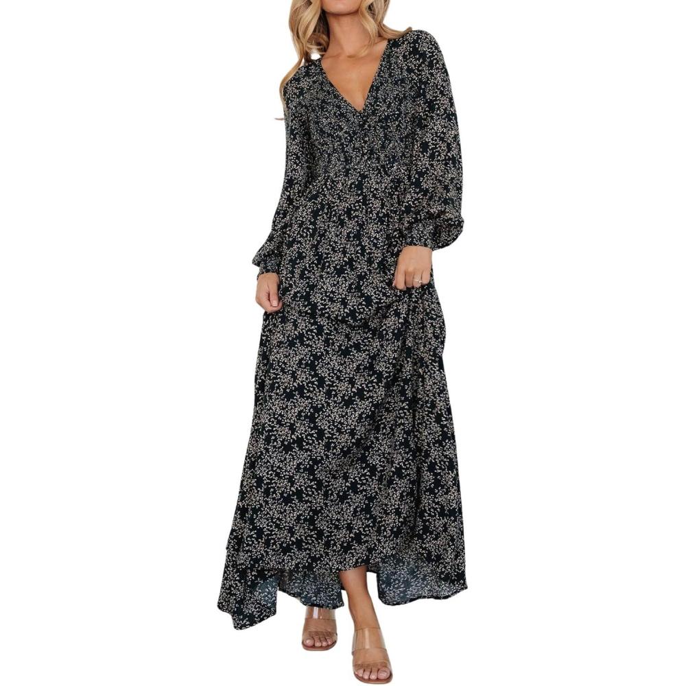 imageCHARTOU Womens Boho Flowy Chiffon Floral V Neck Maxi Dress Elegant Raglan Sleeve Long Vacation Sun DressesBlack