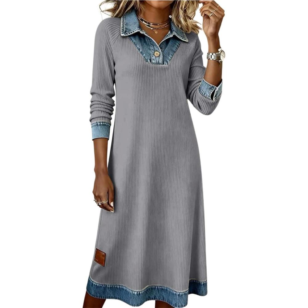 imageCHARTOU Womens Denim Lapel Knit Dress Fall Casual Long Sleeve Tunic Loose Midi Sweater DressGrey