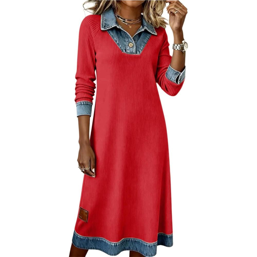 imageCHARTOU Womens Denim Lapel Knit Dress Fall Casual Long Sleeve Tunic Loose Midi Sweater DressRed