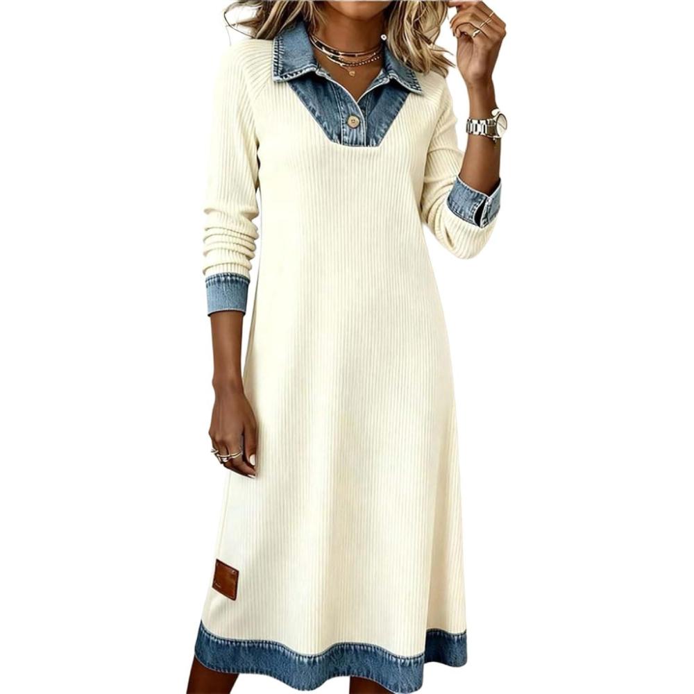 imageCHARTOU Womens Denim Lapel Knit Dress Fall Casual Long Sleeve Tunic Loose Midi Sweater DressWhite