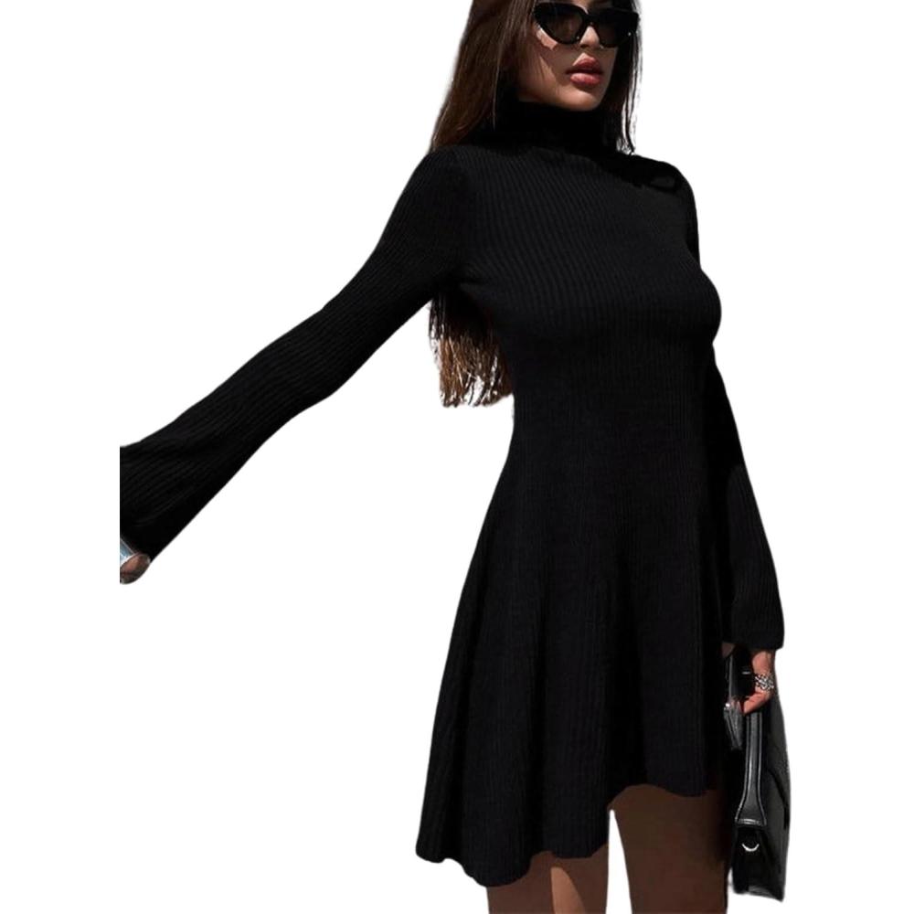 imageCHARTOU Womens Fall Turtleneck Knit Short Dress Flare Long Sleeve Ribbed Slim A Line Solid Dresses WinterBlack