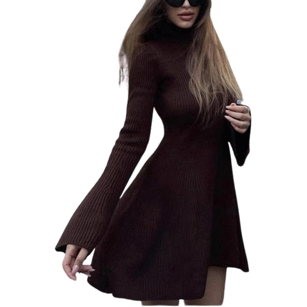 imageCHARTOU Womens Fall Turtleneck Knit Short Dress Flare Long Sleeve Ribbed Slim A Line Solid Dresses WinterCoffee