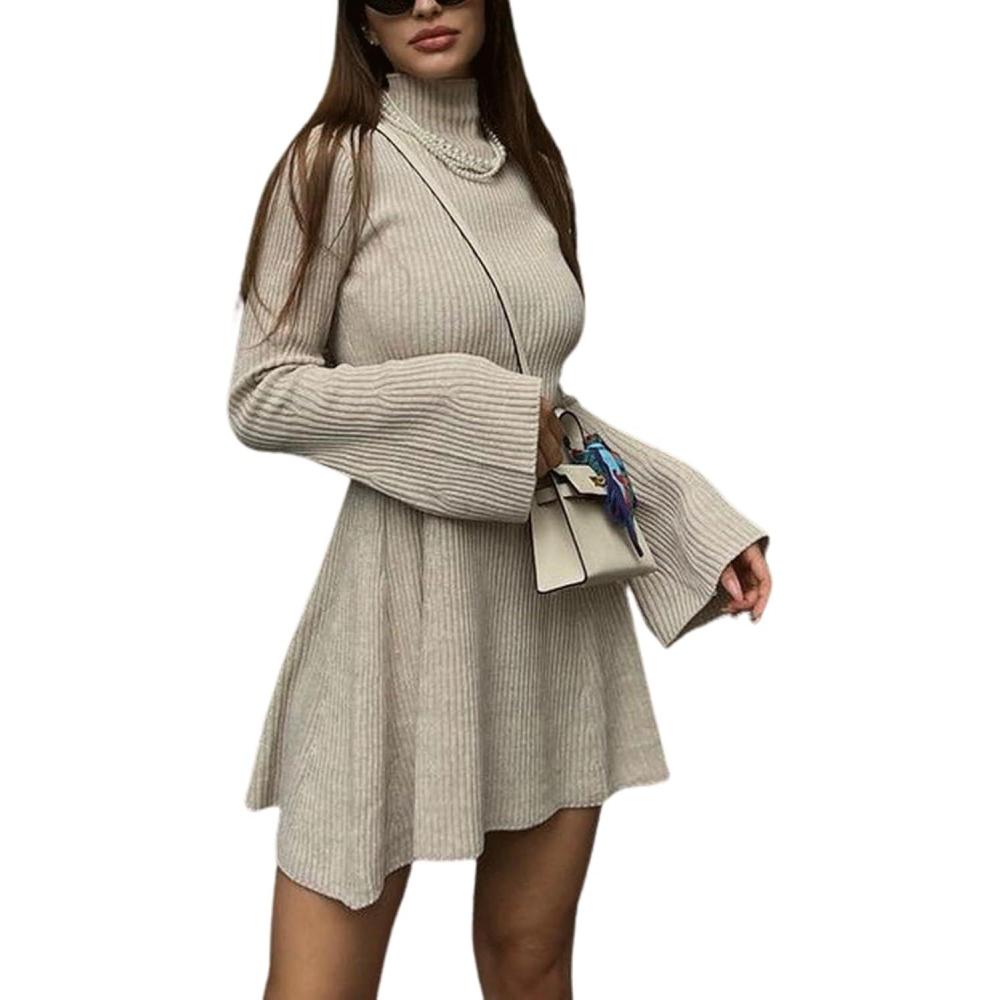 imageCHARTOU Womens Fall Turtleneck Knit Short Dress Flare Long Sleeve Ribbed Slim A Line Solid Dresses WinterKhaki