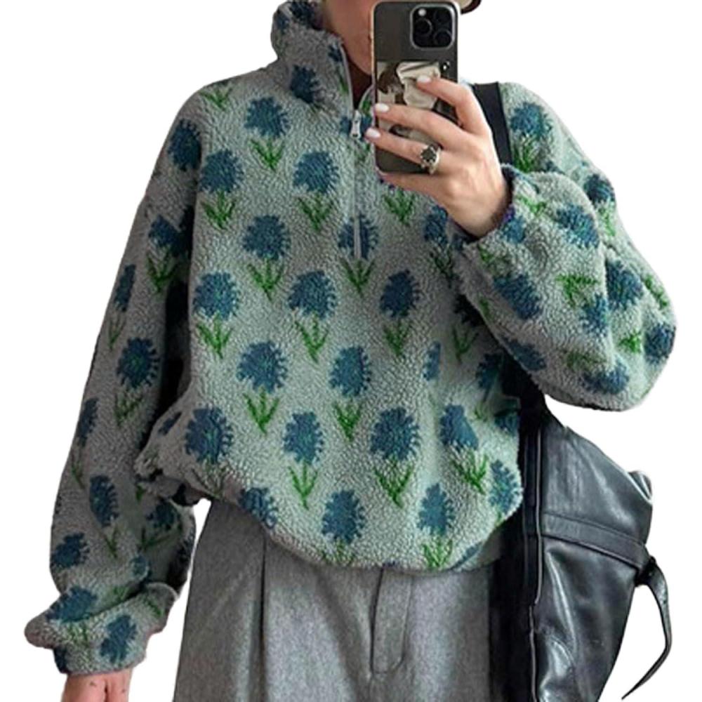 imageCHARTOU Womens Half Zip Floral Sherpa Fleece Pullover Stand Collar Oversized Sweatshirt Cute Long Sleeve TopGreen