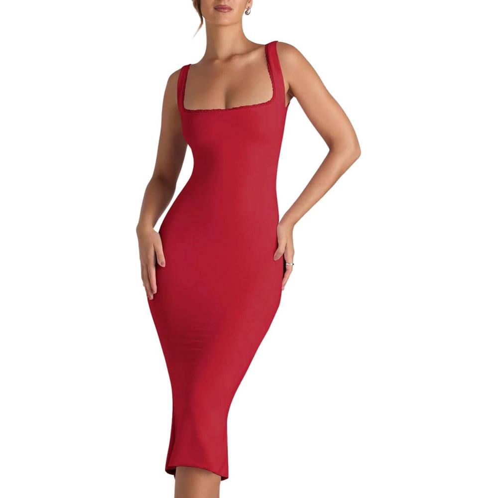 imageCHARTOU Womens Sexy Tight Sleeveless Bodycon Tank Midi Dress Stretch Plain Lace Trim Square Neck Party DressRed