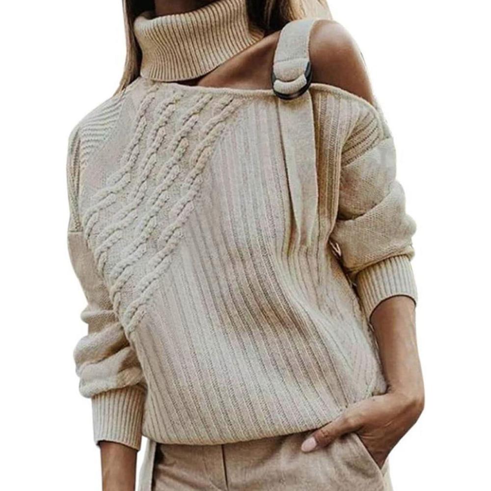imageCHARTOU Womens Trendy Cold Shoulder Long Sleeves Turtleneck Knit Sweater KnitwearApricot