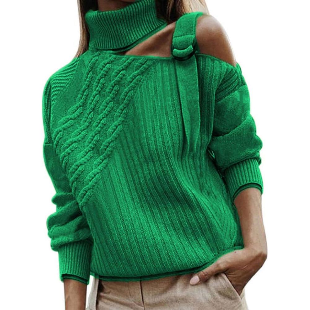 imageCHARTOU Womens Trendy Cold Shoulder Long Sleeves Turtleneck Knit Sweater KnitwearGreen