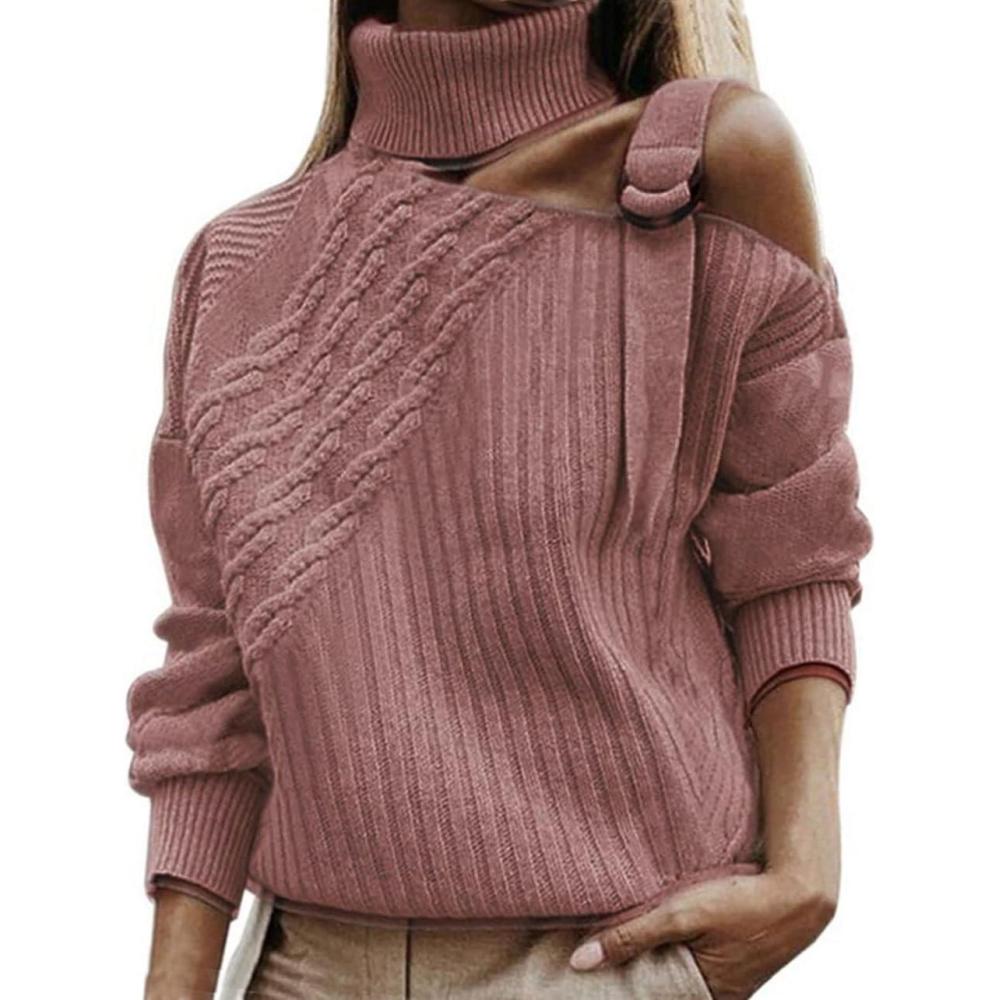 imageCHARTOU Womens Trendy Cold Shoulder Long Sleeves Turtleneck Knit Sweater KnitwearPink